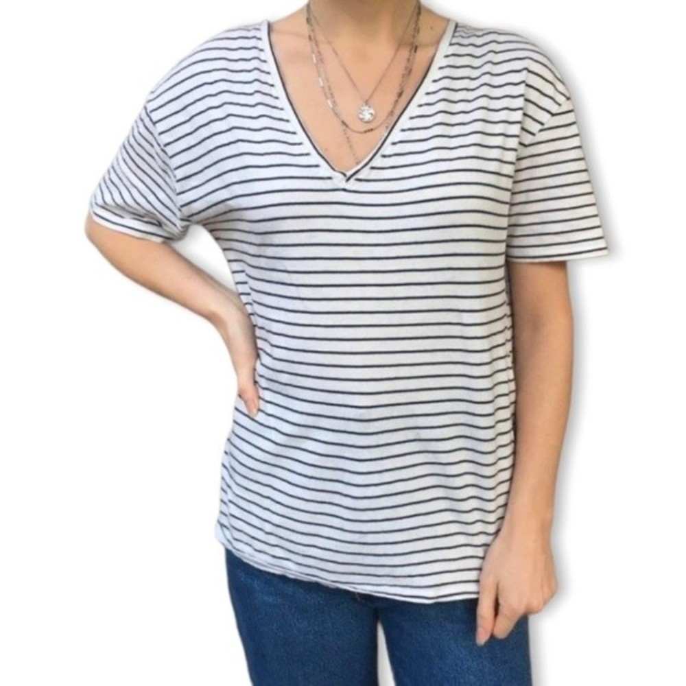 Zara Black White Striped Women's Short Sleeve V-Neck Top Size M